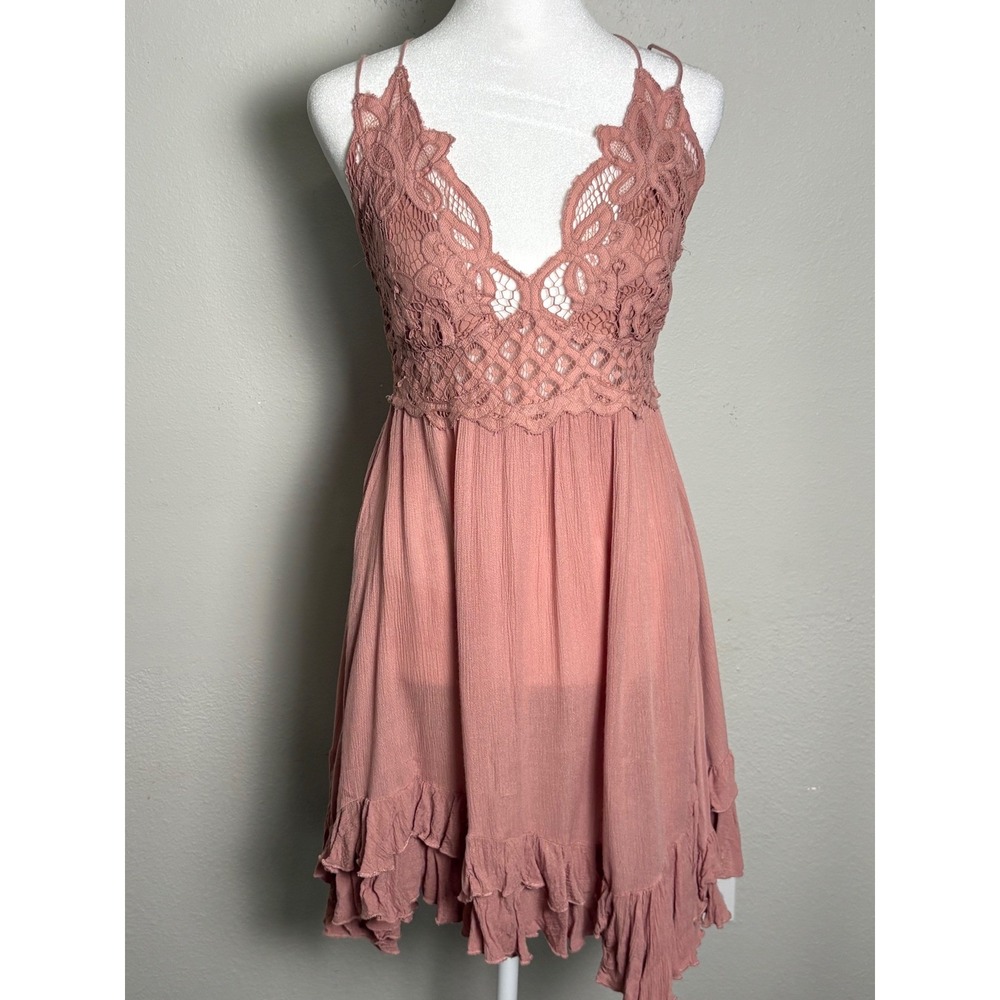 Free People FP One Adella Slip Dress Boho Lace Ruffle Dusty Rose Pink Medium - Picture 2 of 7